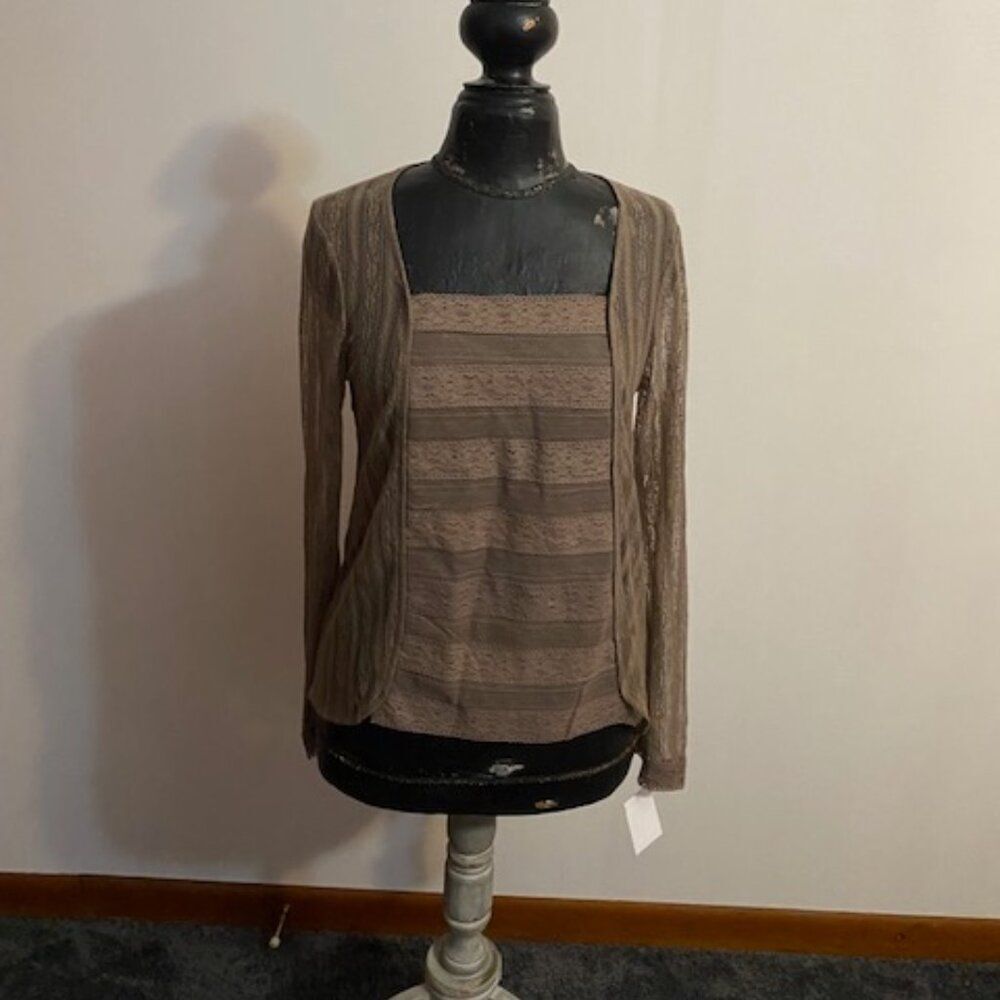 Hem & Thread Brown Cotton square neckline horizontal stripe top, size M
